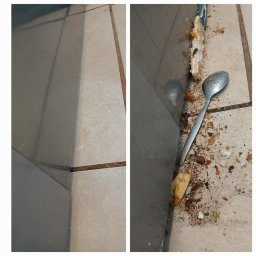 Sztuka Sprzątania - Zdjęcie 'przed i po' czyszczenia podłogi przy szafce kuchennej. Po prawej brud, resztki jedzenia i łyżka. Po lewej czysta podłoga z fugami. Widoczne płytki podłogowe.