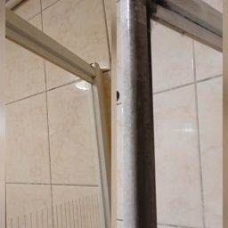 Sztuka Sprzątania - Kabina prysznicowa: po lewej brudna, po prawej wyczyszczona. Widoczne płytki w beżowym odcieniu i biała rama kabiny. Efekt czyszczenia fug i ramy.