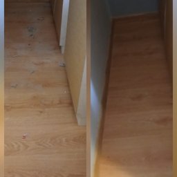 Sztuka Sprzątania - Zdjęcie typu 'przed i po' przedstawia podłogę z panelami. Po lewej stronie widoczne zabrudzenia, po prawej czysta podłoga. Ujęcie z niskiej perspektywy.