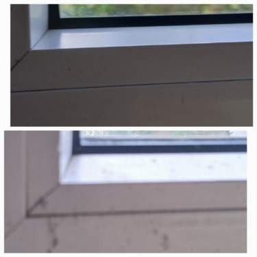 Okno PCV: ujęcie przed (górne) i po (dolne) czyszczeniu. Widoczne zabrudzenia na ramie okiennej przed i czysta powierzchnia po zabiegu. Porównanie efektu.