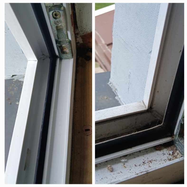 Dwie części okna: czyste okno z okuciem i brudne okno z kurzem, piaskiem i śladami po owadach. Widoczne zabrudzenia w narożnikach.