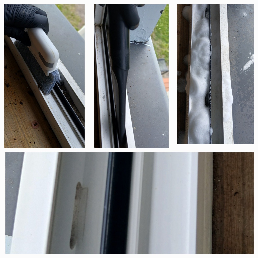 Czyszczenie okien: detale zabrudzeń usuwane szczotką, odkurzaczem i pianą. Widoczne etapy pracy, koncentracja na trudno dostępnych miejscach.