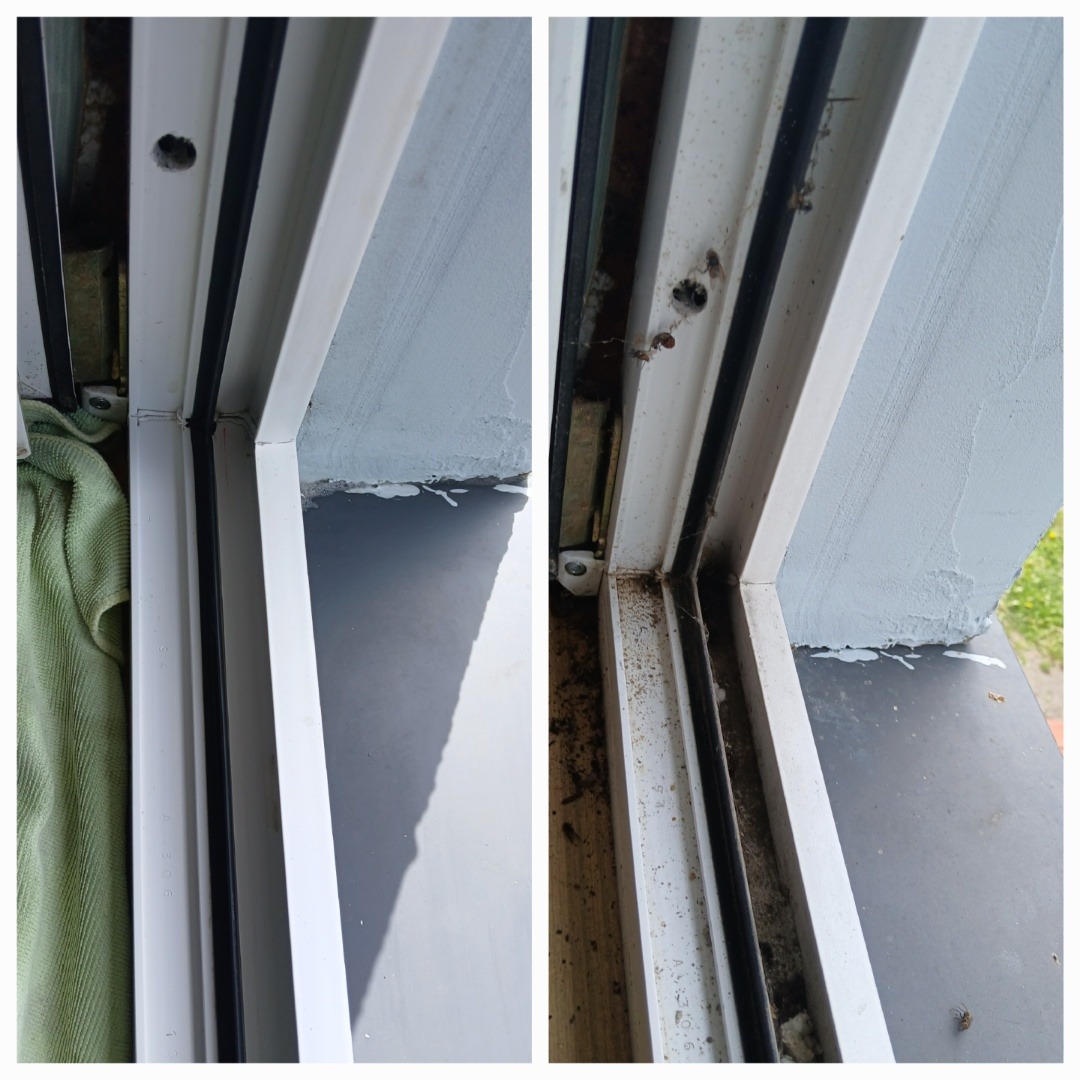 Okno PCV: porównanie stanu przed i po czyszczeniu. Widoczne zabrudzenia w prowadnicach i uszczelkach, usunięte po usłudze.