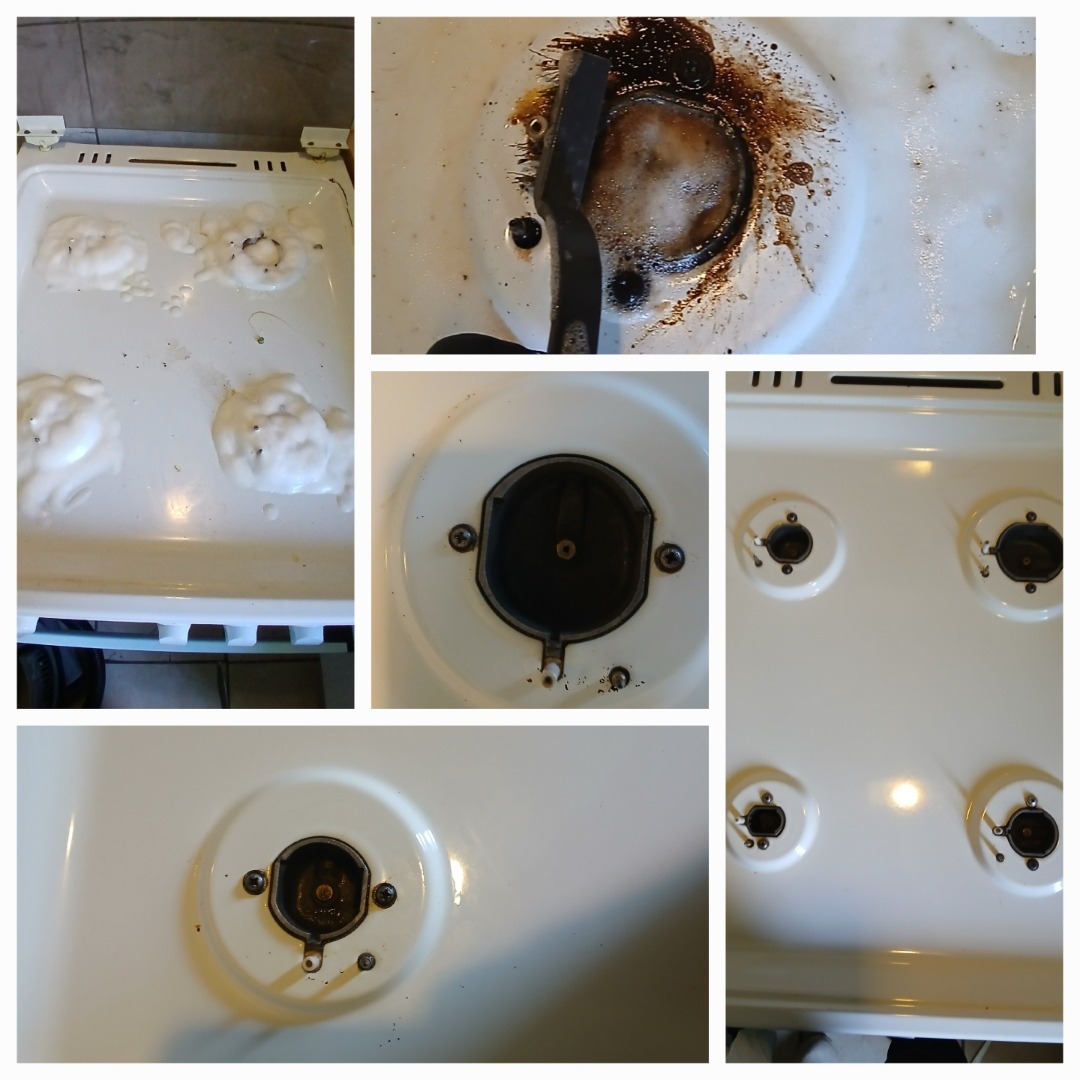 Czyszczenie płyty kuchennej: zabrudzone palniki z resztkami jedzenia, jeden z nich w trakcie czyszczenia z użyciem detergentu i narzędzia.