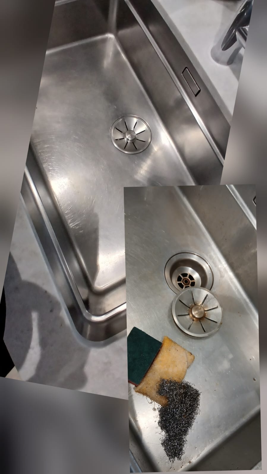 Błyszczący zlew ze stali nierdzewnej po czyszczeniu, widoczne narzędzia: gąbka i druciak. Ujęcie z góry, podkreślające czystość i detale armatury.