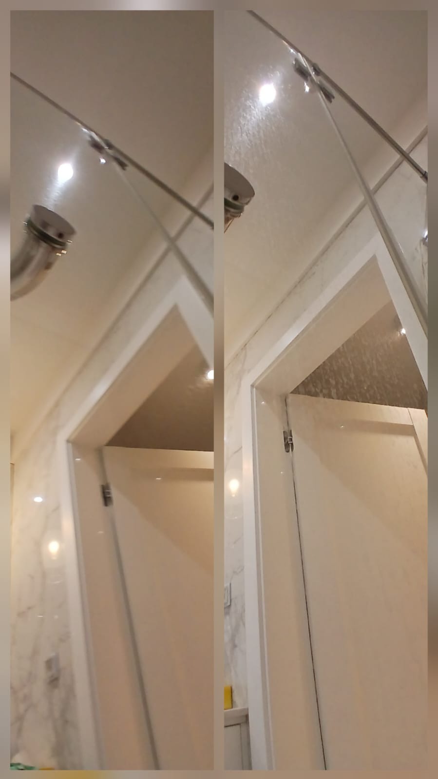 Porównanie czystości kabiny prysznicowej przed i po czyszczeniu. Widoczne różnice w połysku szkła i usunięte zabrudzenia na fugach.