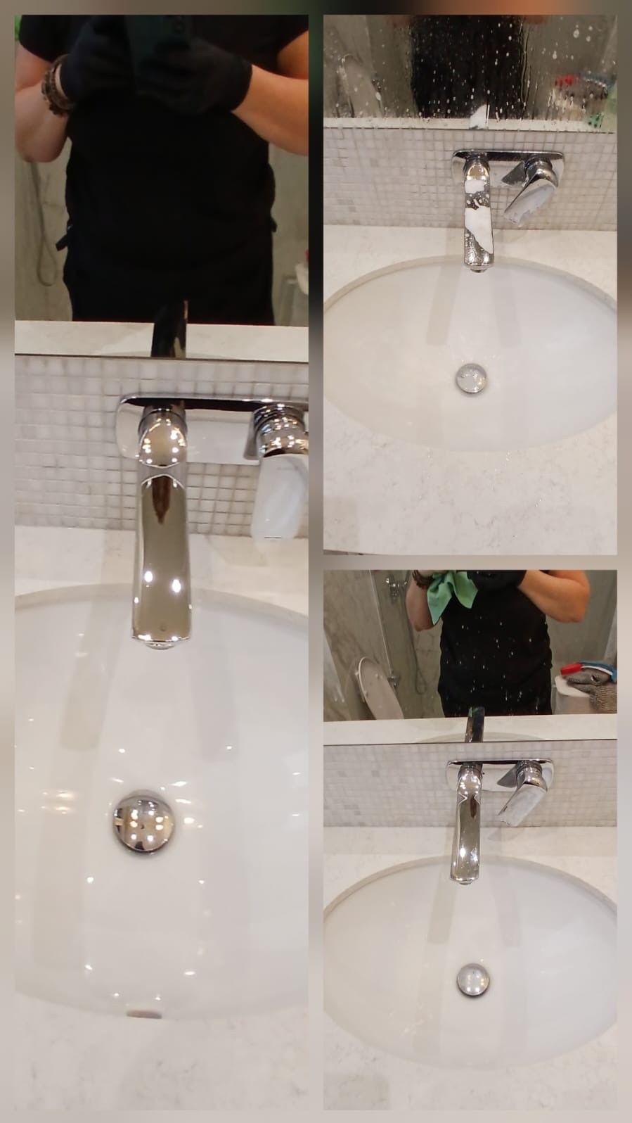 Biała umywalka z chromowaną baterią po czyszczeniu, widoczne odbicie osoby sprzątającej w lustrze. Błyszcząca powierzchnia, mozaika na ścianie.