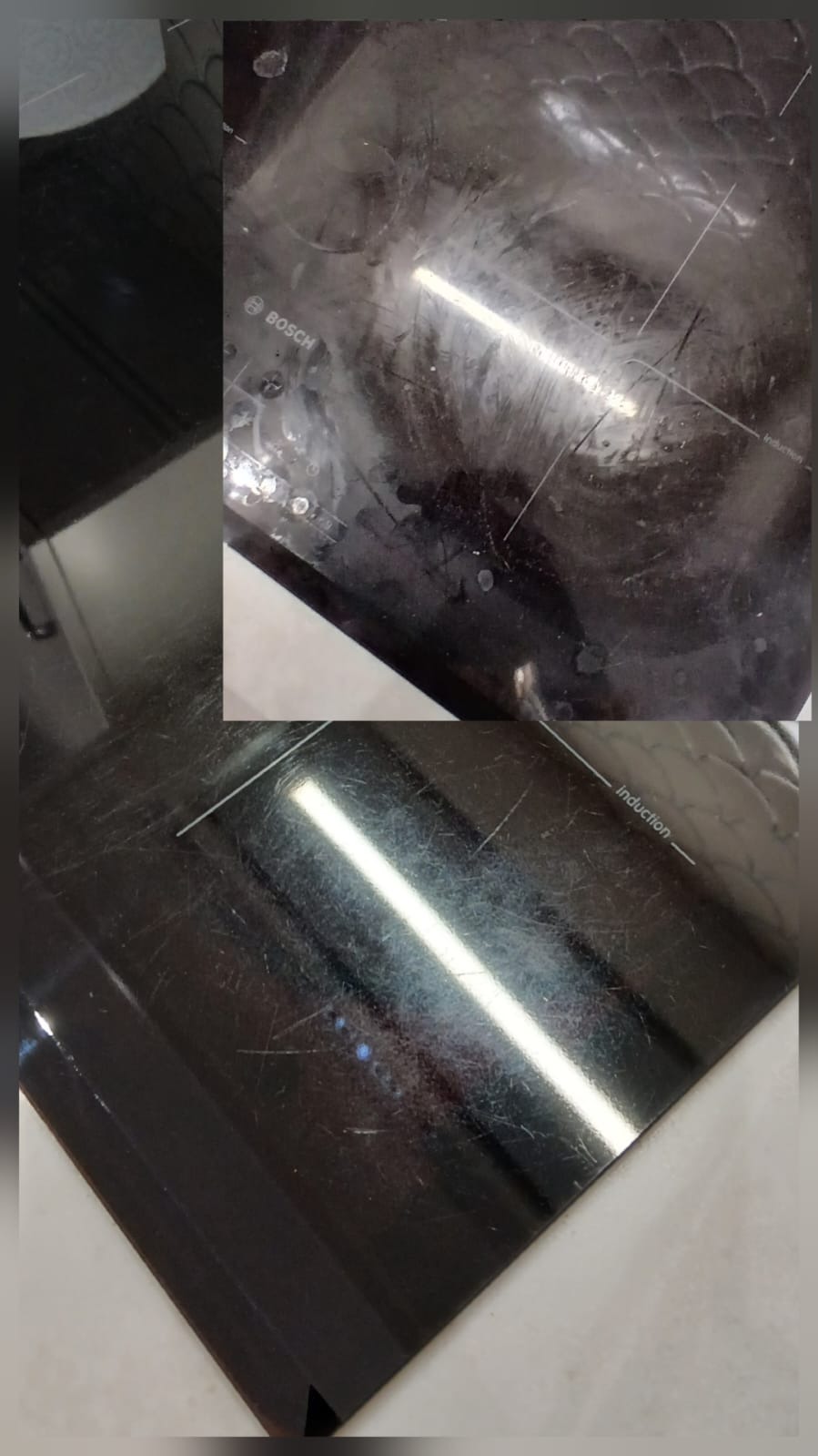 Brudna płyta indukcyjna marki Bosch przed czyszczeniem, widoczne smugi i zabrudzenia na czarnej powierzchni. Ujęcie z bliska, ostre światło odbija się od płyty.