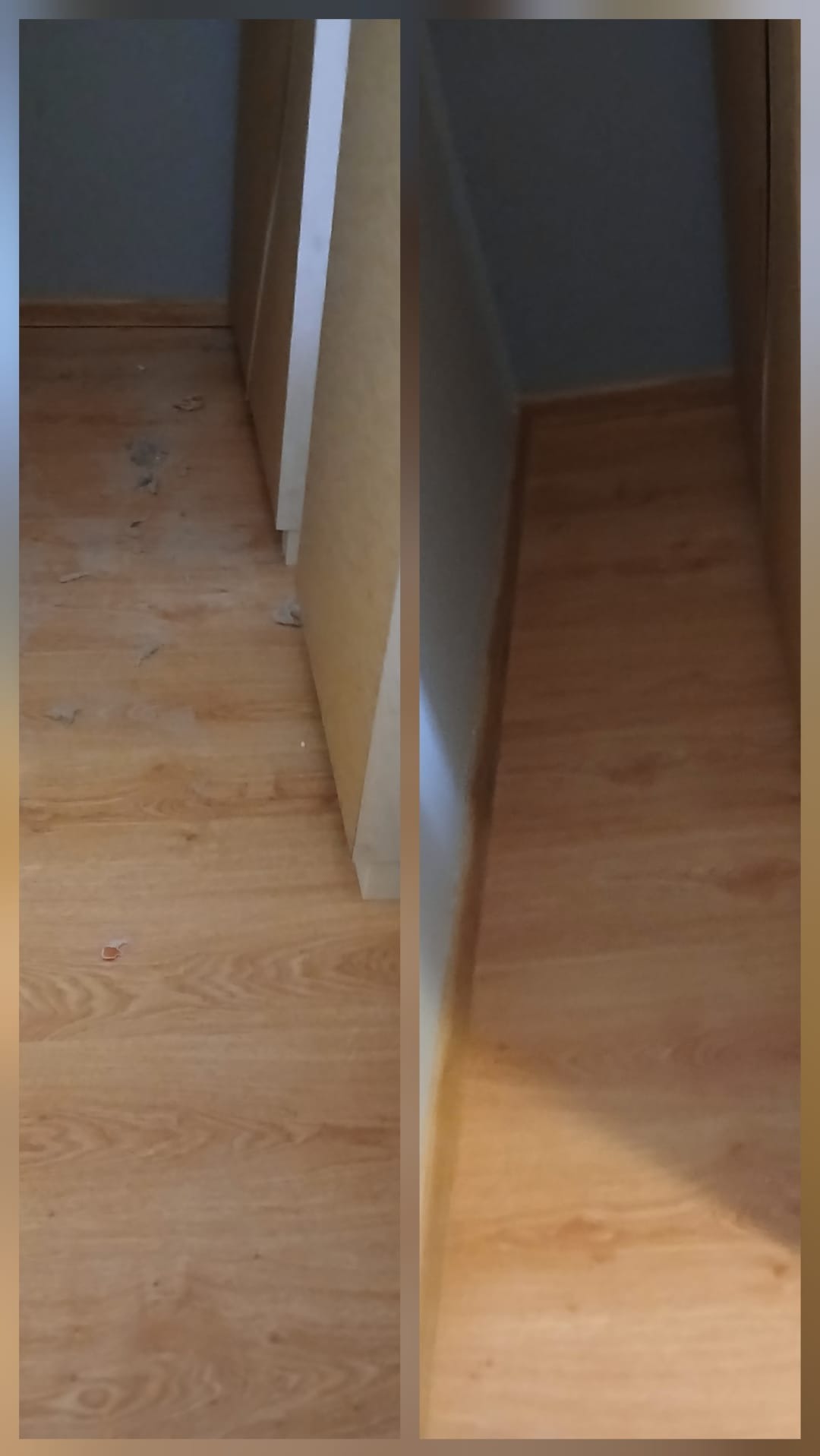 Zdjęcie typu 'przed i po' przedstawia podłogę z panelami. Po lewej stronie widoczne zabrudzenia, po prawej czysta podłoga. Ujęcie z niskiej perspektywy.