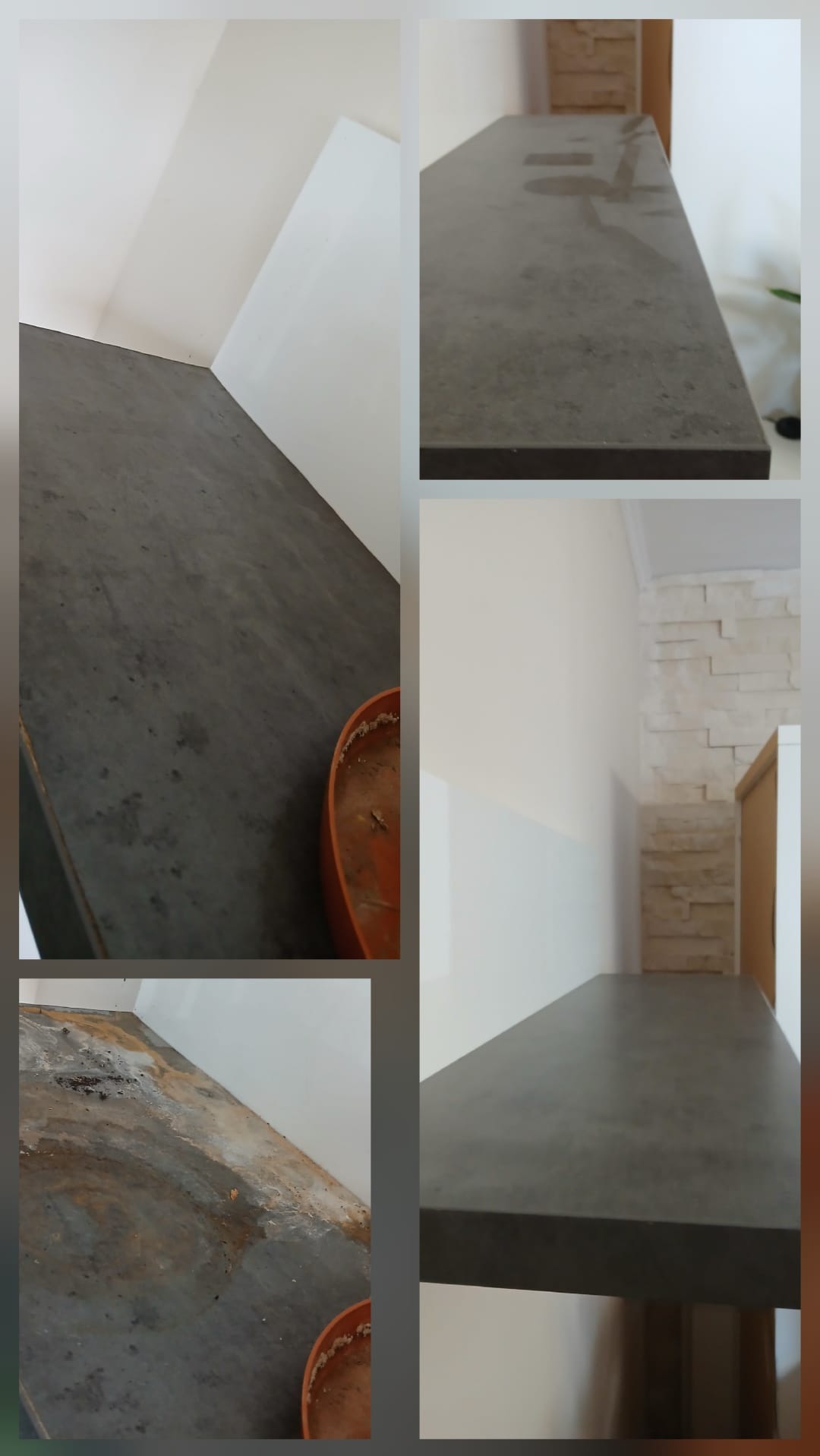 Brudny blat i podłoga przed sprzątaniem. Widoczne plamy i zabrudzenia na powierzchniach. Pomieszczenie wymaga gruntownego czyszczenia.