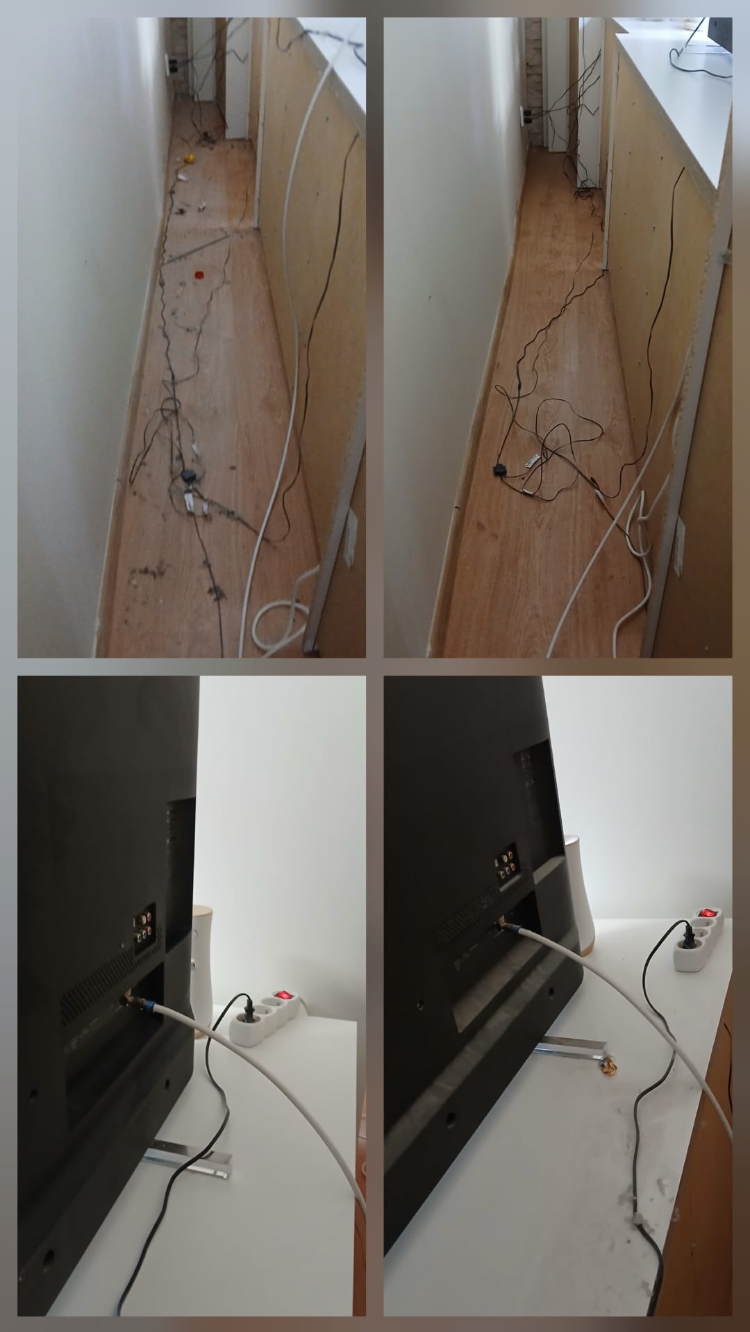 Kolaż: górny kadr ukazuje korytarz w trakcie sprzątania, z widocznymi kablami i zabrudzeniami na podłodze. Dolny kadr prezentuje podłączony telewizor z kablami na białej szafce.