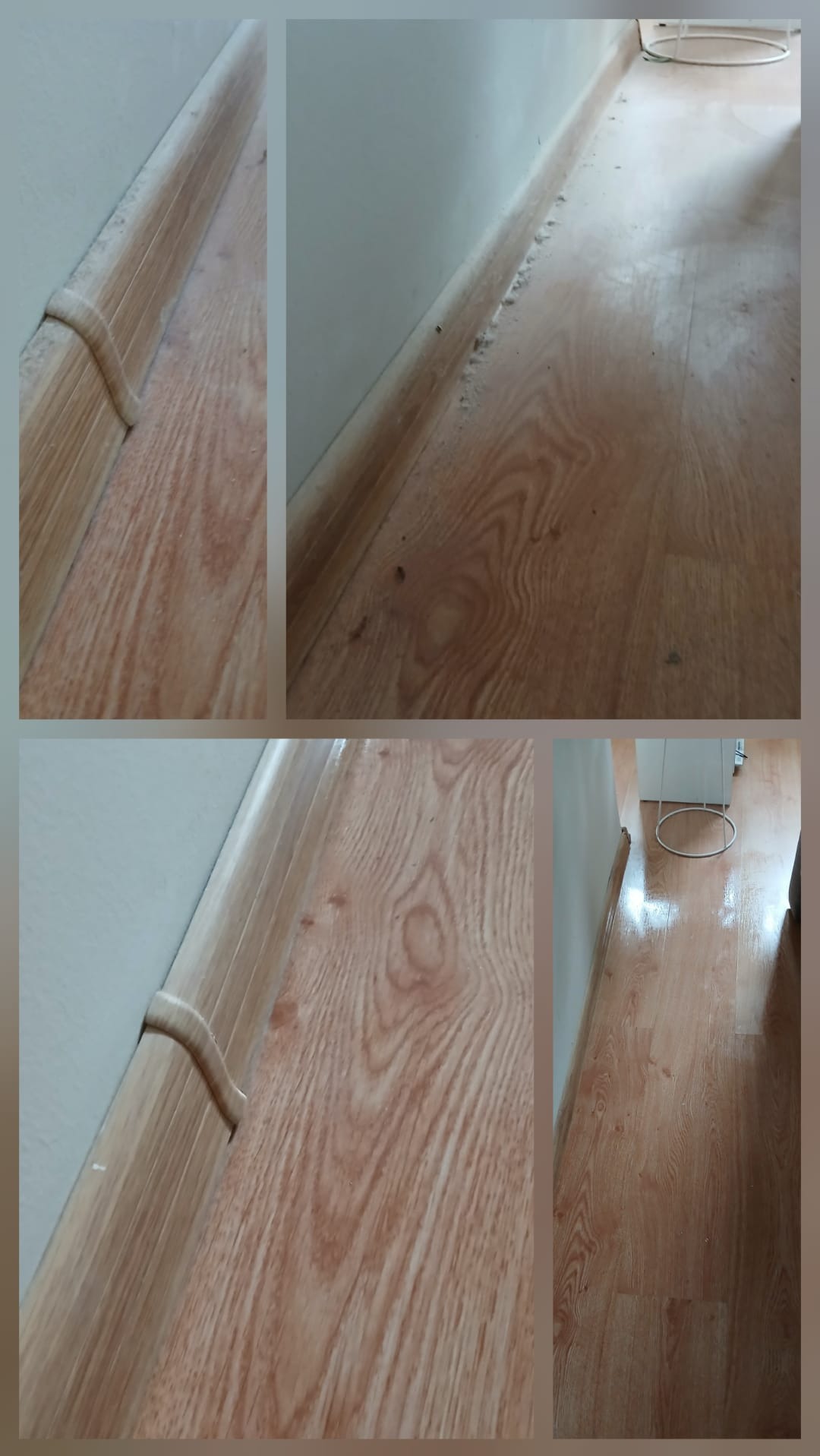 Brudna podłoga laminowana z przypodłogowymi listwami, widoczne zabrudzenia i kurz wzdłuż krawędzi. Ujęcie z bliska, skupione na detalach zabrudzeń.