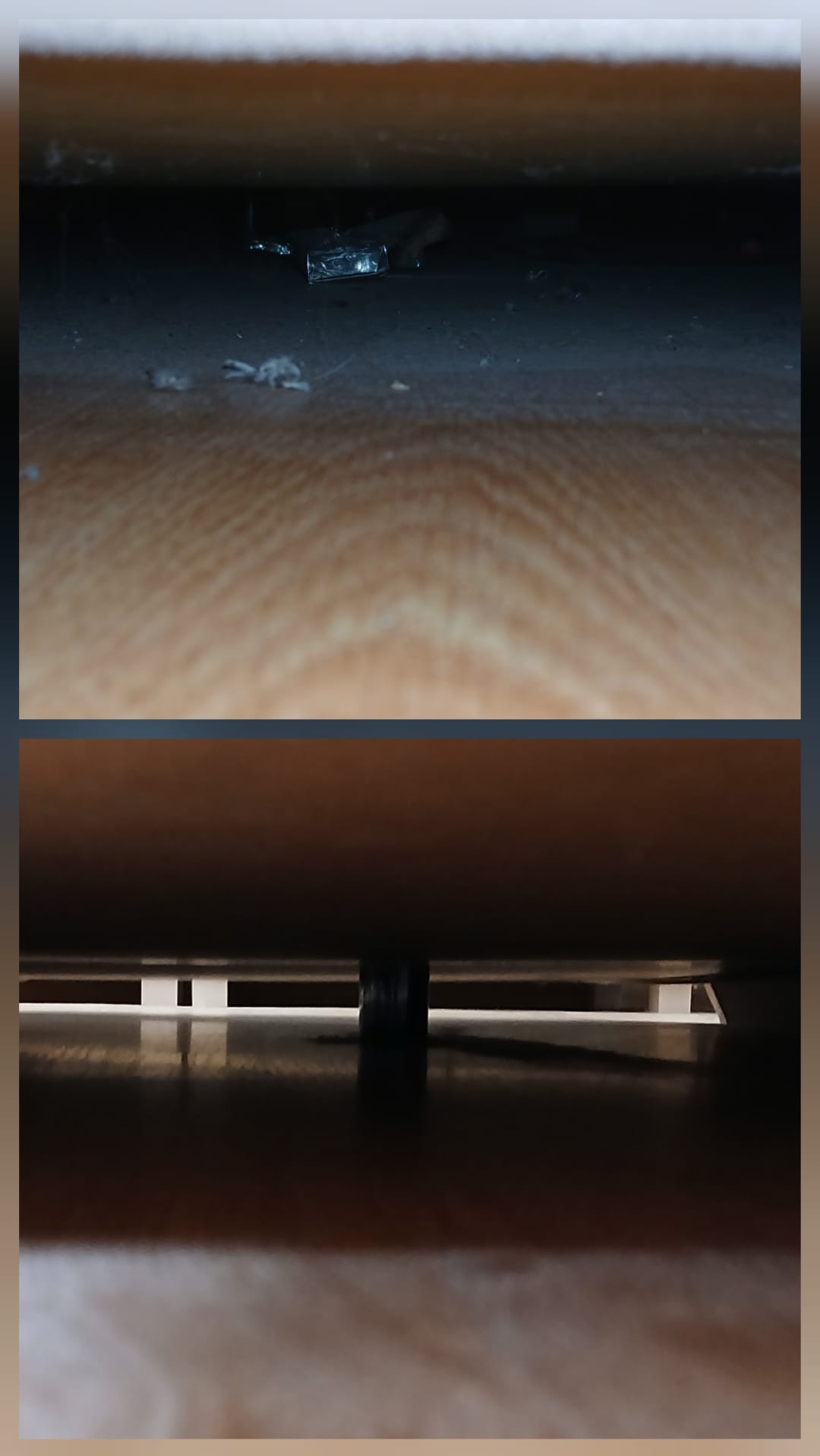 Nietypowe ujęcie przestrzeni pod meblem: kurz, okruchy i niedoskonałości przed sprzątaniem. Kontrast z czystą podłogą w dolnej części kadru.