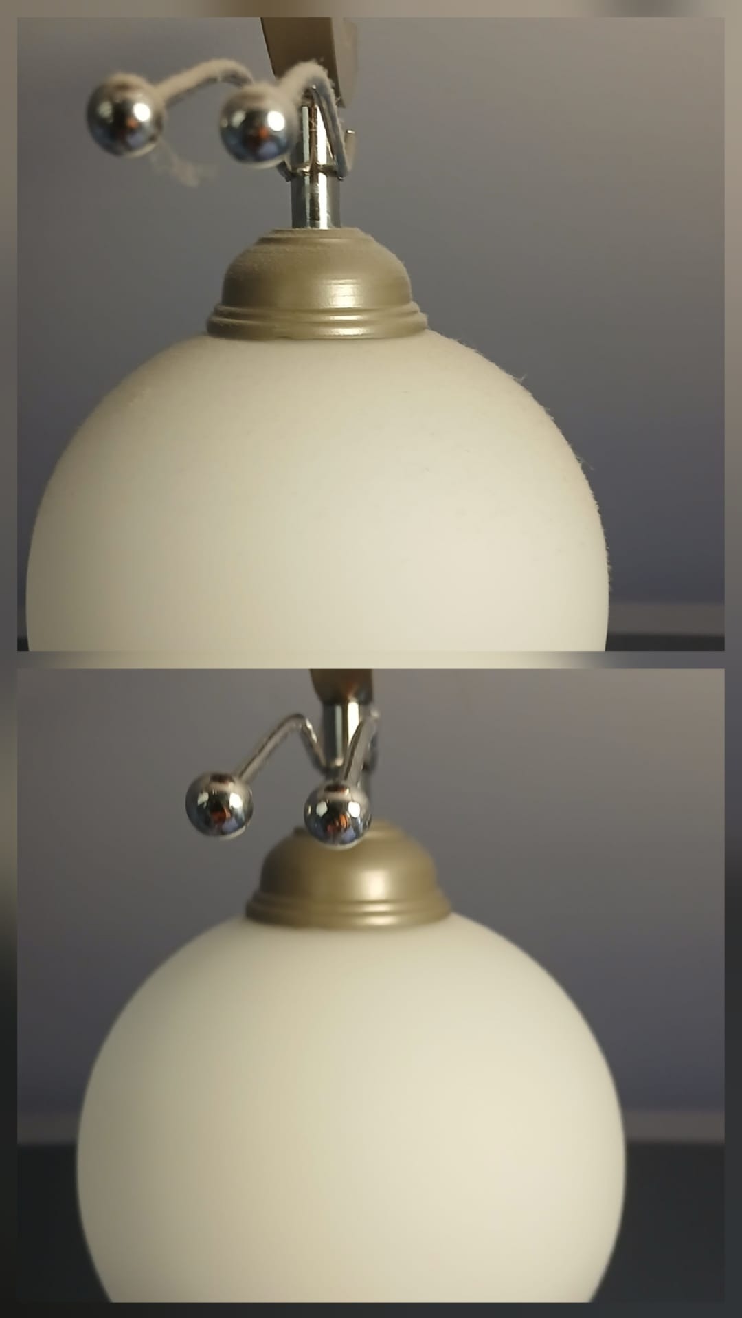 Dwu-ujęciowa lampa sufitowa z mleczną kulą i chromowanymi detalami, pokryta kurzem. Usługi porządkowe w Popowie.