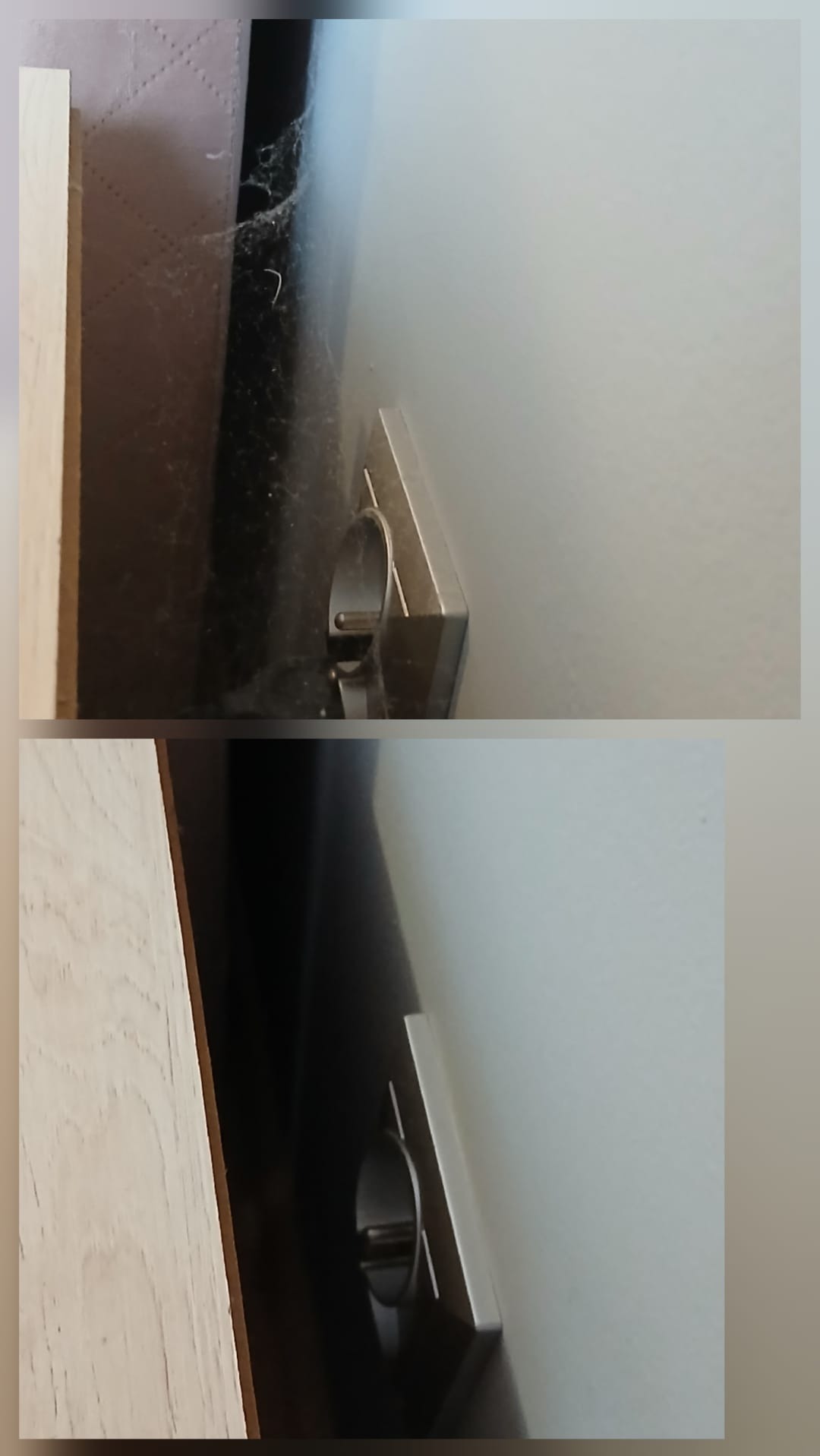 Zdjęcie 'przed i po' przedstawia fragment szafki z pajęczyną i kurzem (góra) oraz ten sam fragment po czyszczeniu (dół). Widoczny uchwyt szafki i fragment ściany.