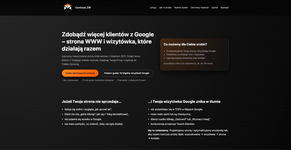 Strona internetowa firmy Centrum ZW z ofertą połączenia strony WWW i wizytówki dla pozyskiwania klientów z Google. Nowoczesny design, lokalne SEO, darmowa konsultacja.