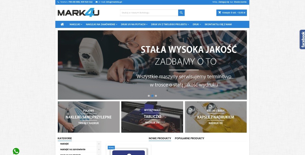 Strona internetowa firmy Mark4U z ofertą druku UV i naklejek. Widoczny baner z hasłem 'Stała wysoka jakość. Zadbamy o to' i ofertą naklejek samoprzylepnych.