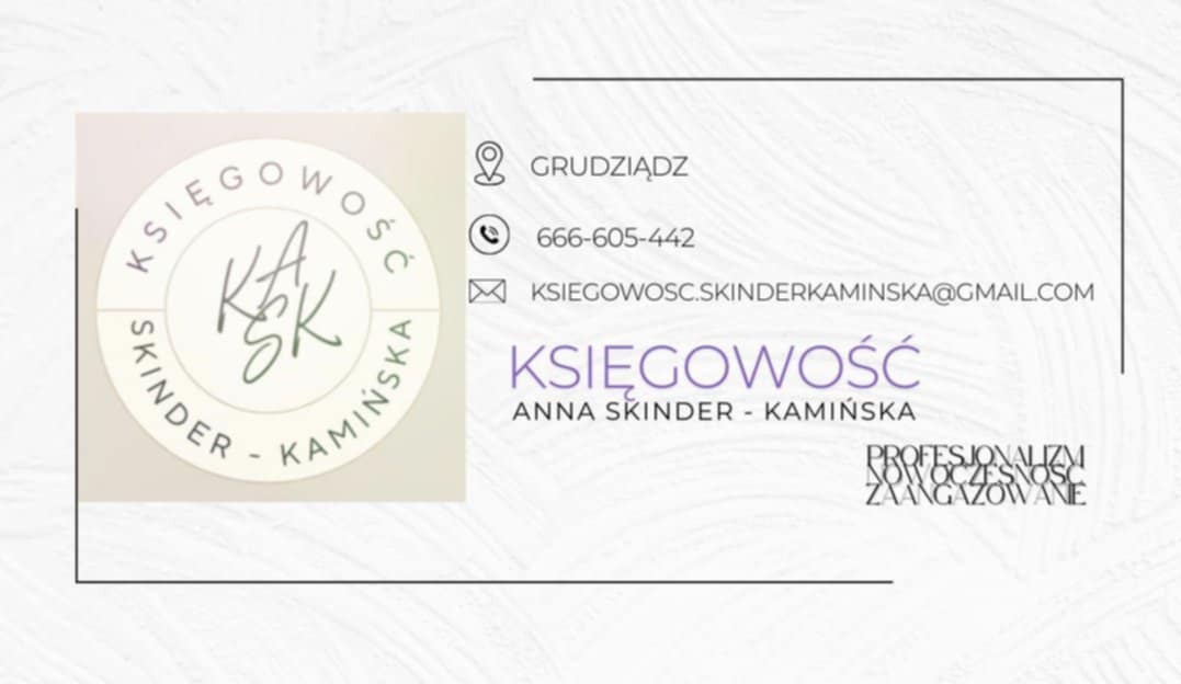 Wizytówka biura rachunkowego: logo z inicjałami KSK, dane kontaktowe (adres, telefon, e-mail) oraz hasła „Profesjonalizm, Nowoczesność, Zaangażowanie”.