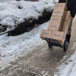 Serhii Kovela Przewóz - Mężczyzna transportuje wózkiem kartony marki Taschen po zaśnieżonym chodniku, w tle budynek mieszkalny i zaparkowany bus. Zimowa sceneria.