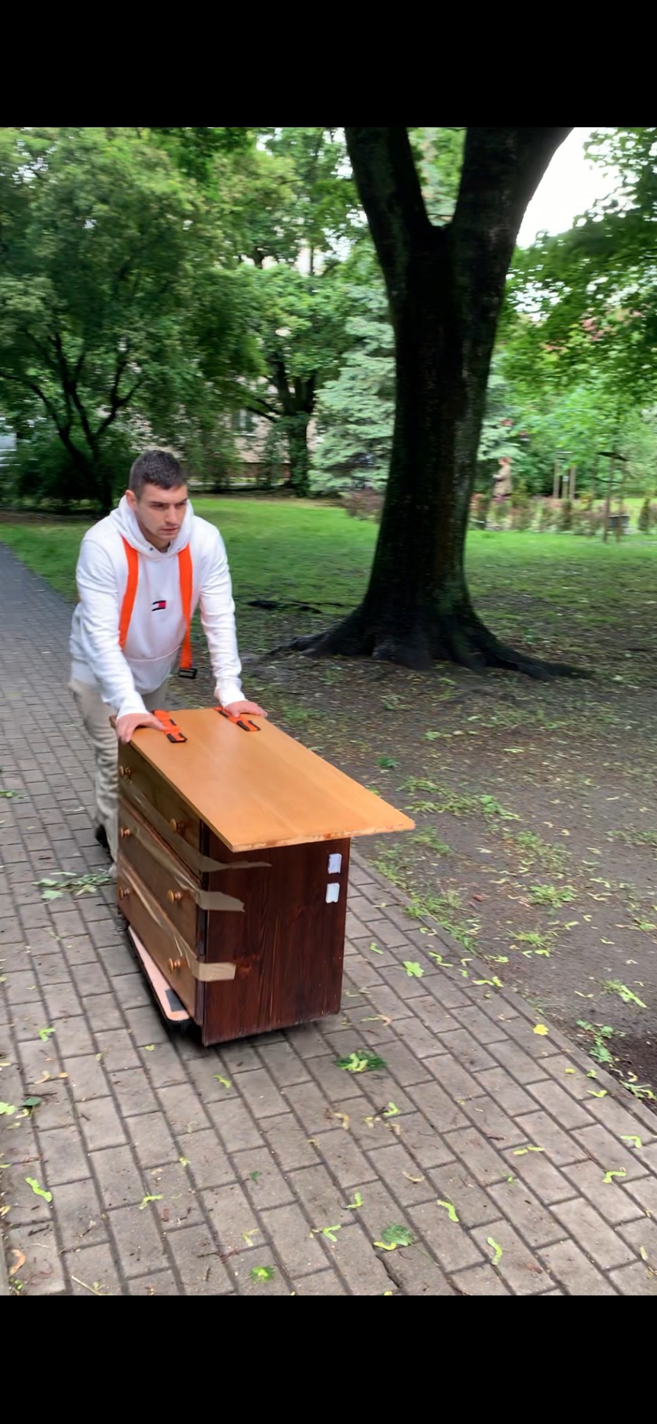Mężczyzna w szelkach transportuje komodę po chodniku w parku. Mebel zabezpieczony taśmą. Widoczne drzewa w tle.