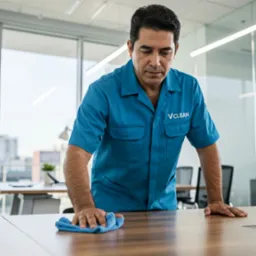 Mężczyzna w niebieskim uniformie z logo VClean czyści drewniany blat biurka za pomocą niebieskiej ściereczki w jasnym biurze.