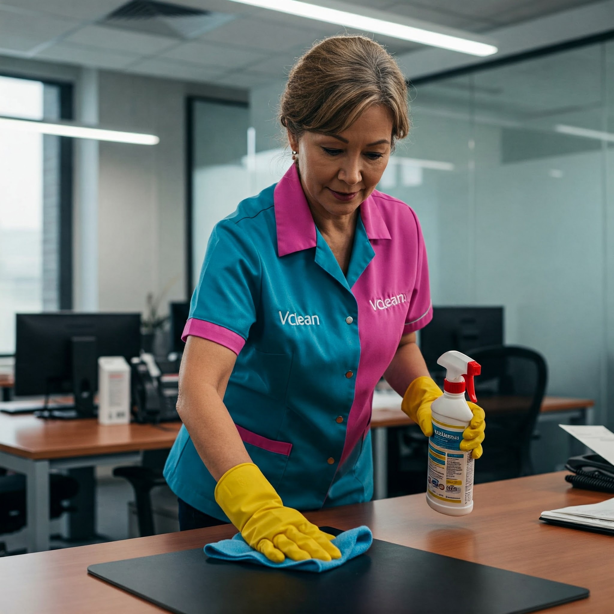 Pracownica firmy z Krakowa w uniformie czyści biurko środkiem dezynfekującym i niebieską ściereczką z mikrofibry w przestrzeni biurowej.