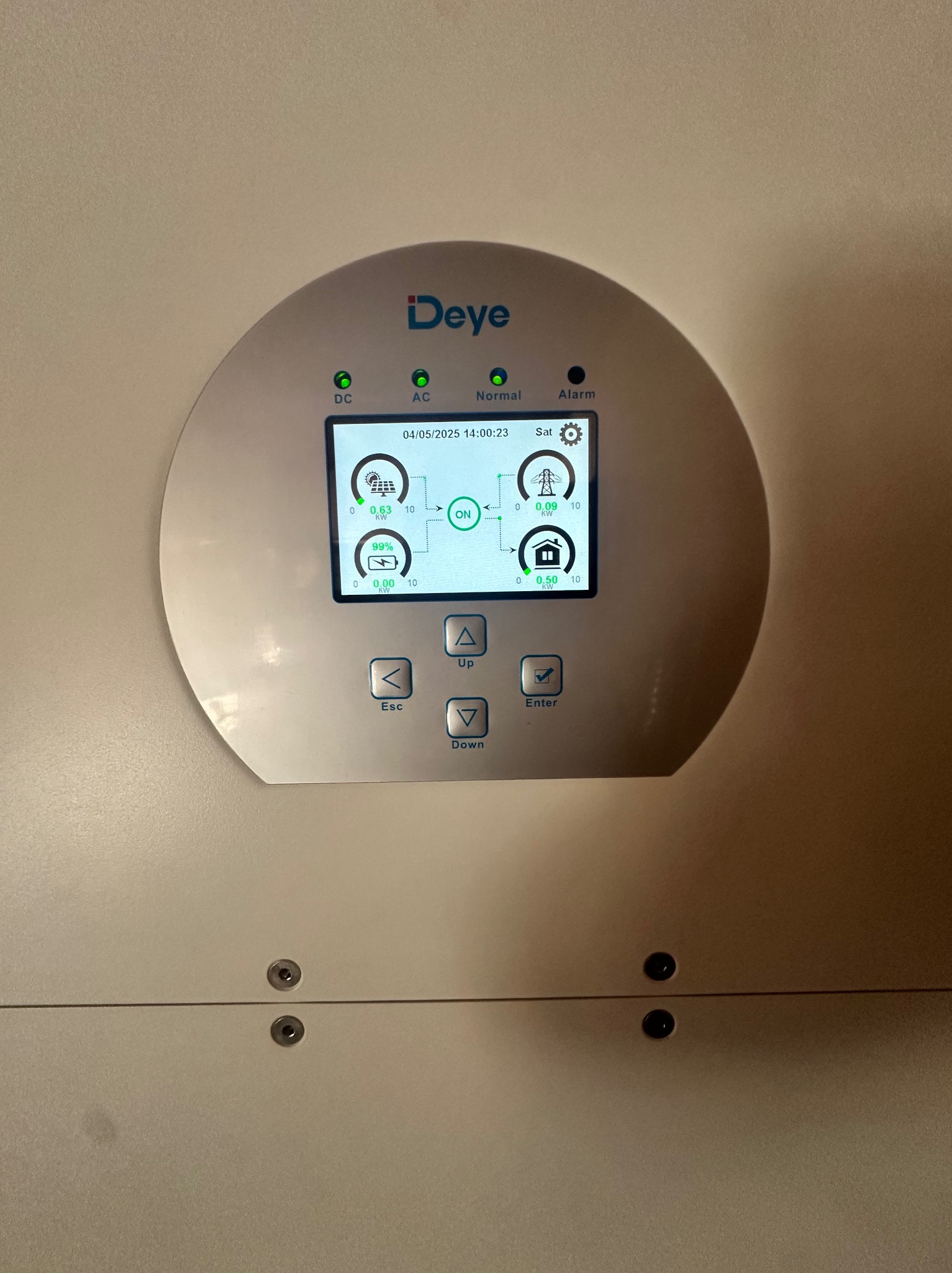 Ekran inwertera Deye z wyświetlonymi wartościami produkcji i zużycia energii, datą 04/05/2025 i zielonymi diodami DC, AC i Normal.