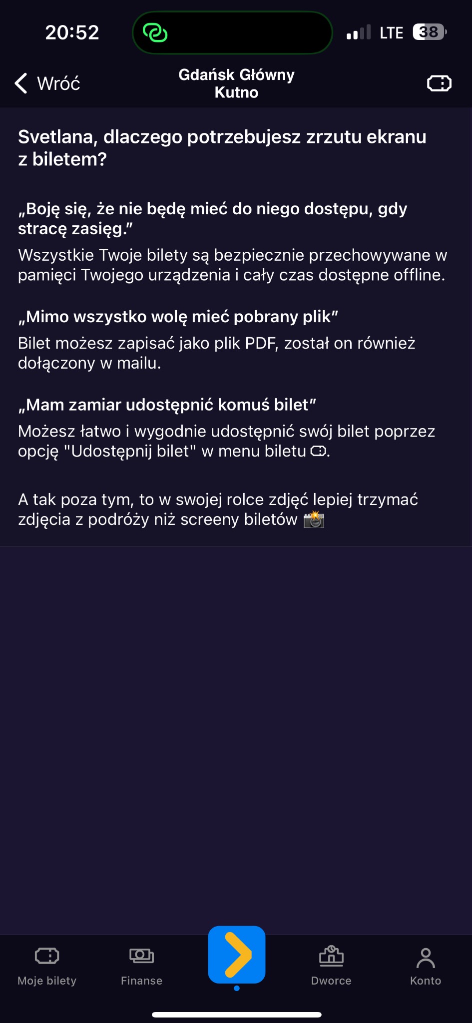 Zrzut ekranu aplikacji mobilnej z konwersacją dotyczącą biletów, wyświetlający argumenty za i przeciw przechowywaniu biletów w aplikacji zamiast robienia zrzutów ekranu.