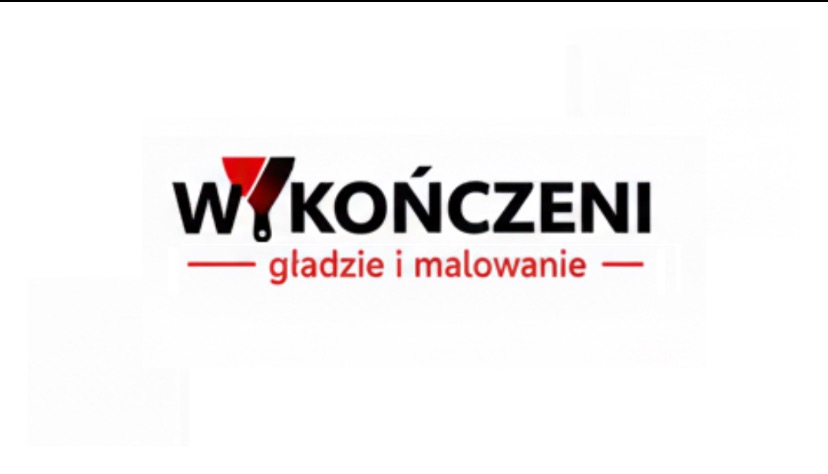 Logo firmy 'Wykończeni' oferującej gładzie i malowanie, z czerwoną szpachelką wkomponowaną w literę 'W' na białym tle. Minimalistyczny design.