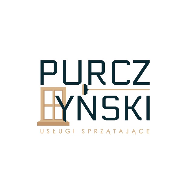 Logo firmy sprzątającej: nazwa Purczyński, grafika okna i mopa, hasło usługi sprzątające.