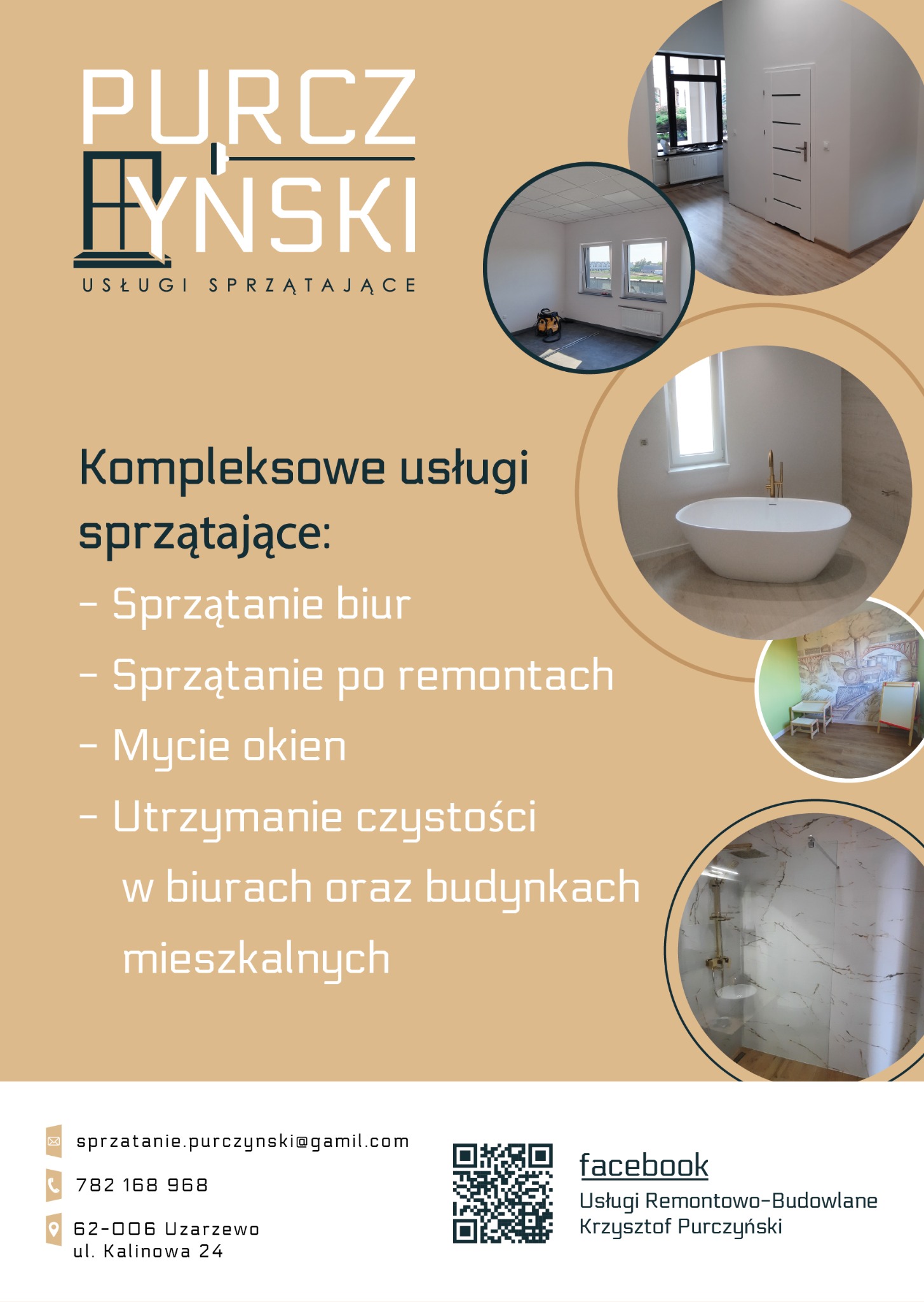 Folder reklamowy firmy Purczyński Usługi Sprzątające prezentujący kompleksowe usługi czystości w biurach i budynkach mieszkalnych, z wizualizacjami wnętrz po sprzątaniu, w tym łazienki z wanną...