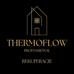 Eleganckie logo Thermoflow Professional: złoty kontur domu z wentylatorem na czarnym tle, napis 'Rekuperacje'. Minimalistyczny design, profesjonalny wygląd.