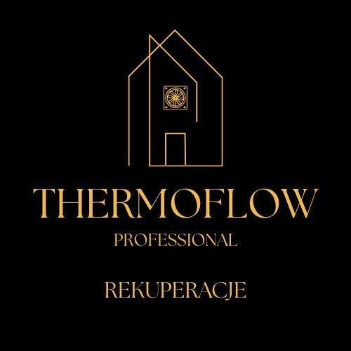 Eleganckie logo Thermoflow Professional: złoty kontur domu z wentylatorem na czarnym tle, napis 'Rekuperacje'. Minimalistyczny design, profesjonalny wygląd.