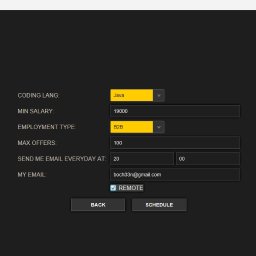 Rafał - Interfejs aplikacji Scraper z polami do konfiguracji: język Java, minimalna pensja 19000, B2B, max. 100 ofert, email boch33n@gmail.com, ustawienia powiadomień.