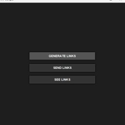 Rafał - Interfejs programu Scraper z trzema przyciskami: GENERATE LINKS, SEND LINKS, SEE LINKS na ciemnoszarym tle. Program do generowania linków.