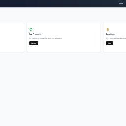 Rafał - Panel sprzedawcy z trzema sekcjami: Dodaj produkt, Moje produkty i Zarobki. Interfejs użytkownika z ikonami, przyciskami i tekstem na jasnym tle. Widok z góry na pulpit.