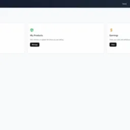 Panel sprzedawcy z trzema sekcjami: Dodaj produkt, Moje produkty i Zarobki. Interfejs użytkownika z ikonami, przyciskami i tekstem na jasnym tle. Widok z góry na pulpit.