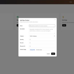 Rafał - Panel dodawania produktu w e-commerce: formularz z polami nazwy, opisu, kategorii, ilości, ceny, rabatu i dodawania obrazu. Widok dashboardu sprzedawcy.