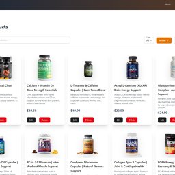 Rafał - Prezentacja produktów suplementów diety w e-sklepie: kapsułki na energię, stawy, pamięć. Etykiety w języku angielskim, różne ceny. Interfejs użytkownika sklepu.