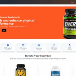 Strona internetowa z suplementami diety: baner z napisem 'Energy & Endurance Supplements' i butelką produktu. Ikony 'Eco-packaging', '60k+ reviews', '100% natural'.