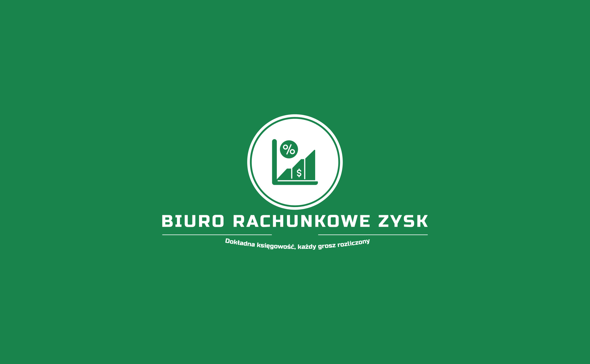Logo biura rachunkowego Zysk na zielonym tle z grafiką wzrostu i hasłem: Dokładna księgowość, każdy grosz rozliczony. Profesjonalne usługi finansowe.