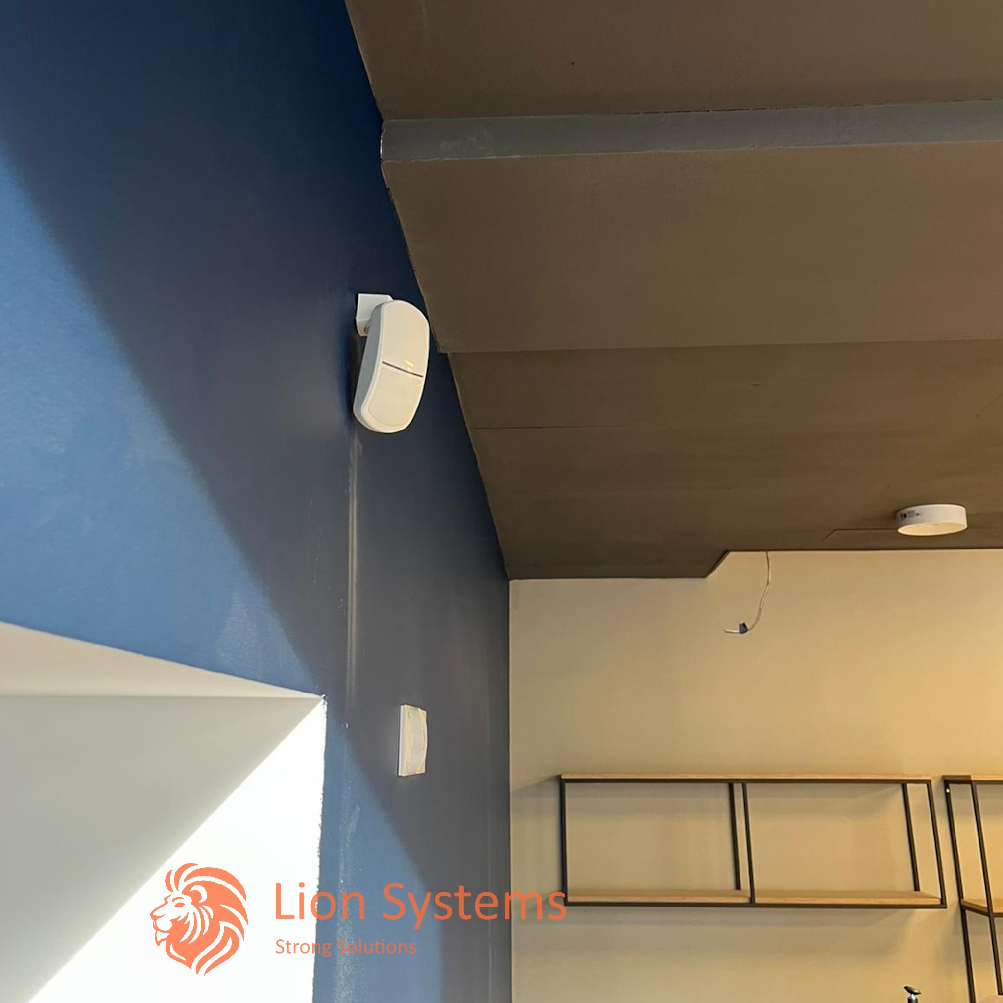 Biały czujnik ruchu zamontowany na niebieskiej ścianie w pomieszczeniu, widoczny również czujnik dymu na suficie i metalowe półki.