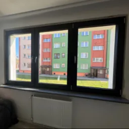 Trzyczęściowe okno z czarną ramą, widok na blok z zielono-czerwonymi elewacjami i trawnik, grzejnik pod parapetem.