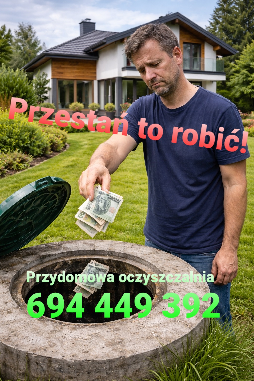 Mężczyzna wrzuca pieniądze do betonowego kręgu z otwartą pokrywą na tle domu. Napis: 'Przestań to robić! Przydomowa oczyszczalnia 694 449 392'.