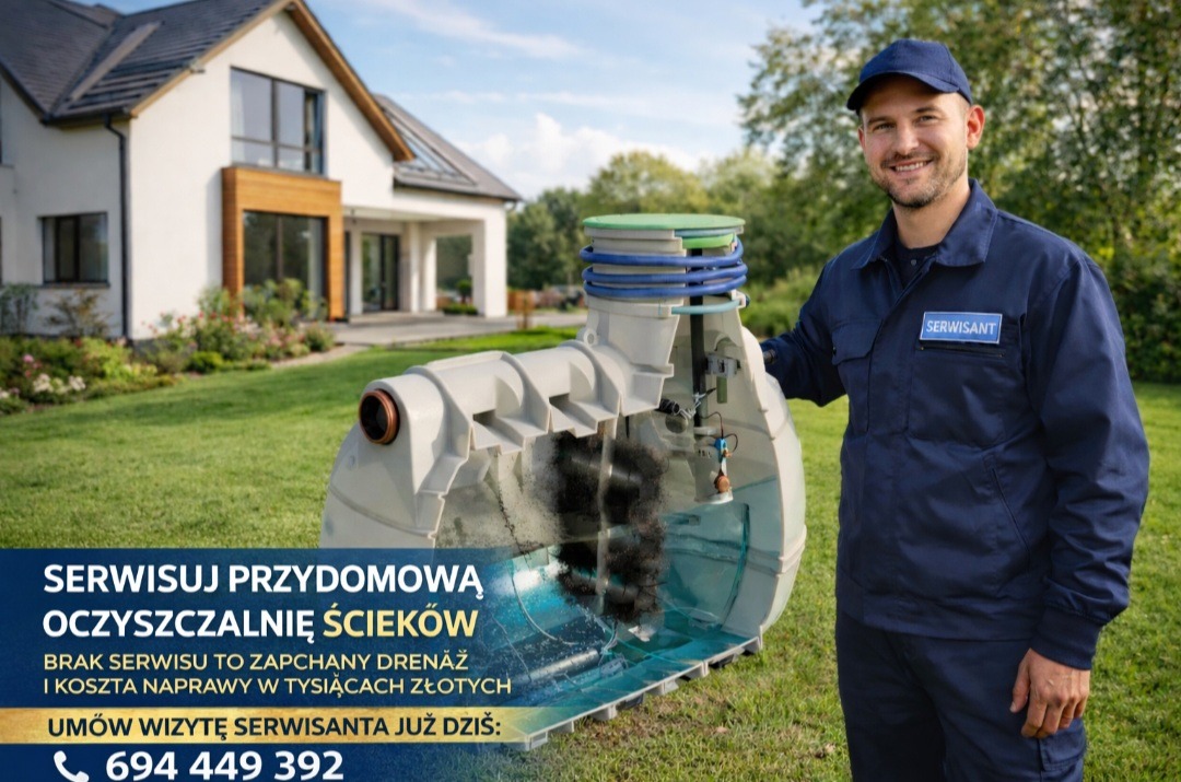 Uśmiechnięty serwisant prezentuje przekrój przydomowej oczyszczalni ścieków na tle domu jednorodzinnego i zielonego trawnika. Reklama serwisu z numerem telefonu.