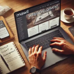 Osoba pisze na laptopie z otwartą stroną internetową z napisem 'WEB DEVELOPMENT', obok filiżanka herbaty, notatnik z napisem 'Direct Client in Development' i dwa smartfony na drewnianym biurku.