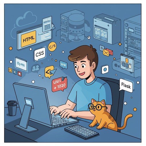 Ilustracja przedstawiająca programistę pracującego na komputerze z ikonami HTML, CSS, UX/UI oraz baz danych unoszącymi się w tle, a obok stoi kot w okularach.
