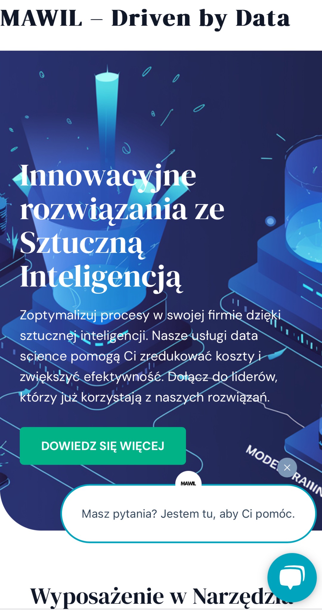 Grafika prezentująca innowacyjne rozwiązania ze sztuczną inteligencją, z elementami wizualizacji danych w odcieniach niebieskiego i turkusowego, oraz przyciskiem 'Dowiedz się więcej'.