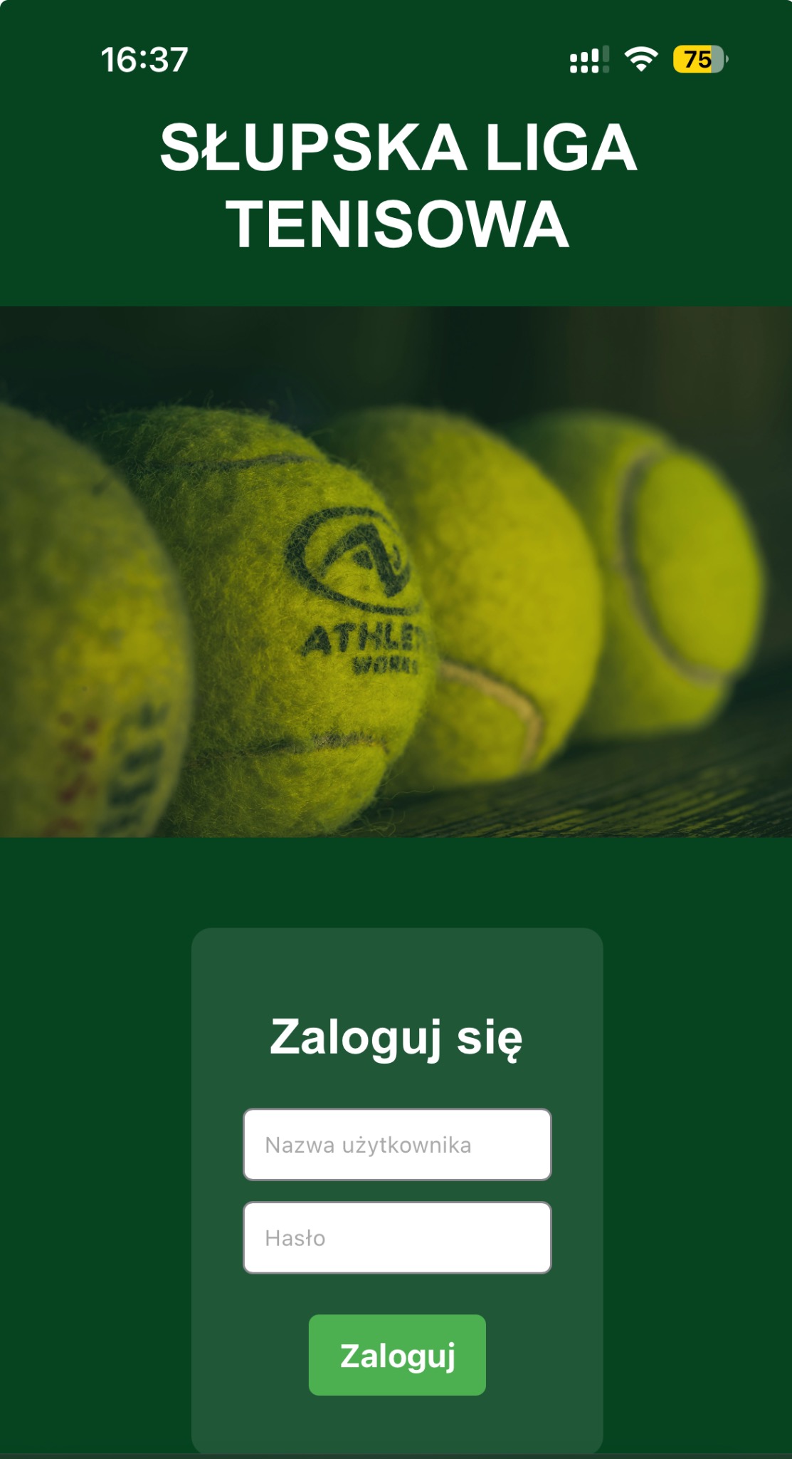 Ekran logowania do aplikacji mobilnej Słupskiej Ligi Tenisowej, z rzędem piłek tenisowych w tle.