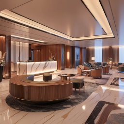 Royal Design - Nowoczesne wnętrze lobby z recepcją z podświetlanym blatem imitującym marmur, drewnianymi panelami ściennymi i elementami dekoracyjnymi, oraz strefą wypoczynkową z fotelami i stolikami kawowymi.